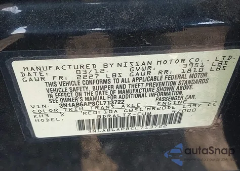 2012 Nissan Sentra 2.0 S z USA, uszkodzony, nr VIN 3N1AB6AP8CL713722